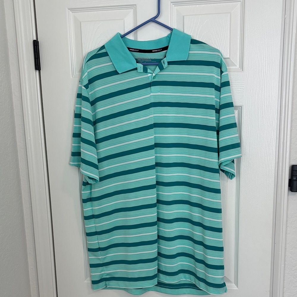 Nike Men's Polo Shirt - Aqua and White Stripes